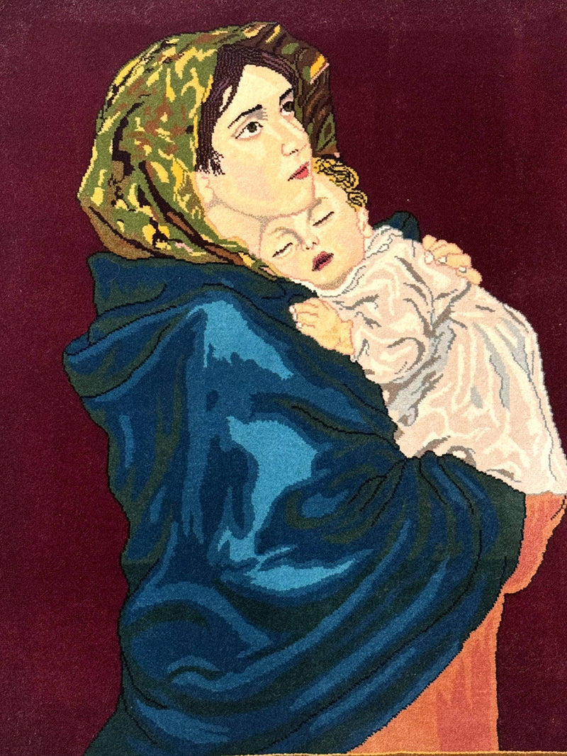 Small Persian Tabriz Pictorial Rug 2x2, Mother Holding Child, Very Fine 340 KPSI, Maroon by Jewel Rugs