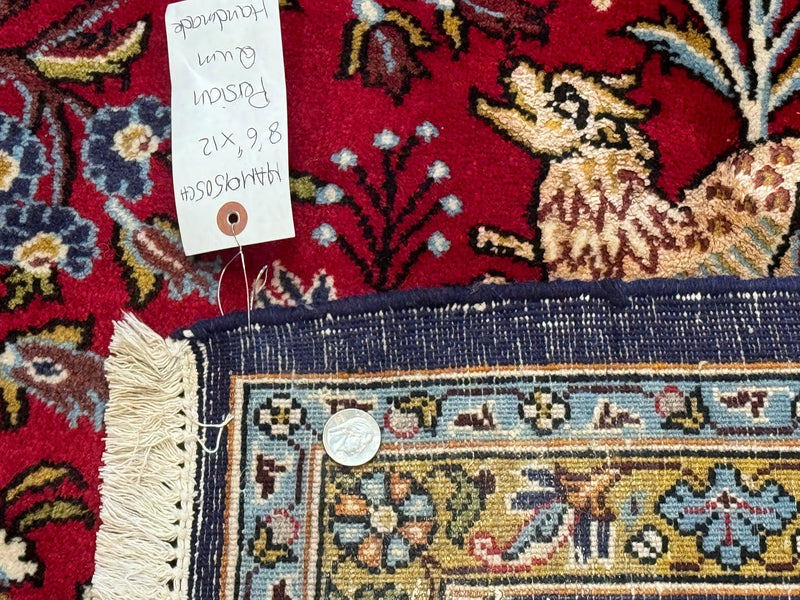 Persian Qum Rug 9x12, Animal Pictorials, Deer Birds, Tree of Life, Red and Navy Blue by Jewel Rugs