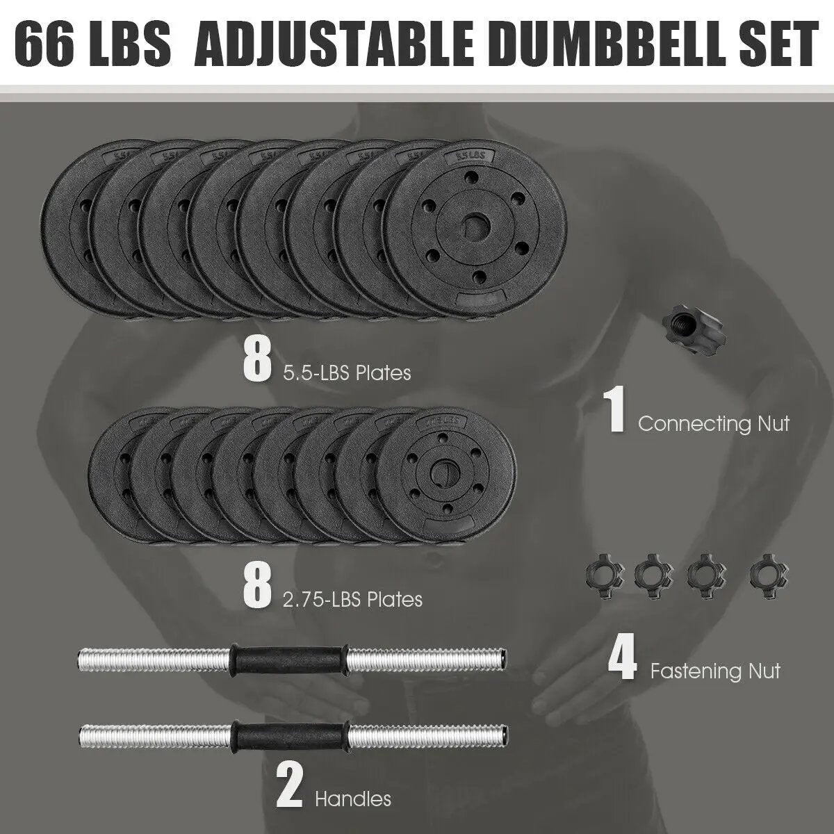 66 Lbs Fitness Dumbbell Weight Set with Adjustable Weight Plates and Handle by DirectDeals
