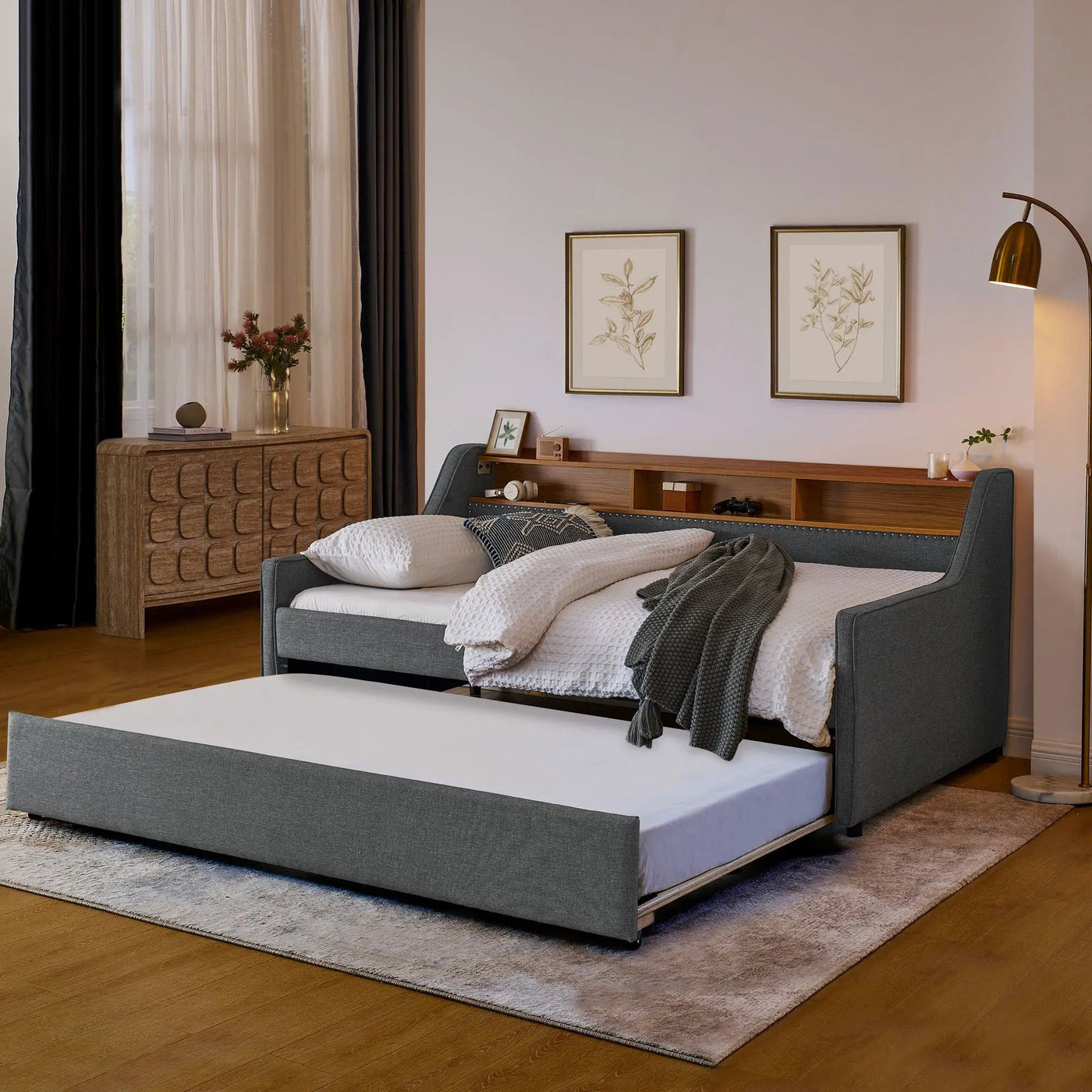 Upholstered Sofa Bed With LED Lights, Storage Headboard, Foldable Trundle & Wireless Charging by Unique Piece Furniture