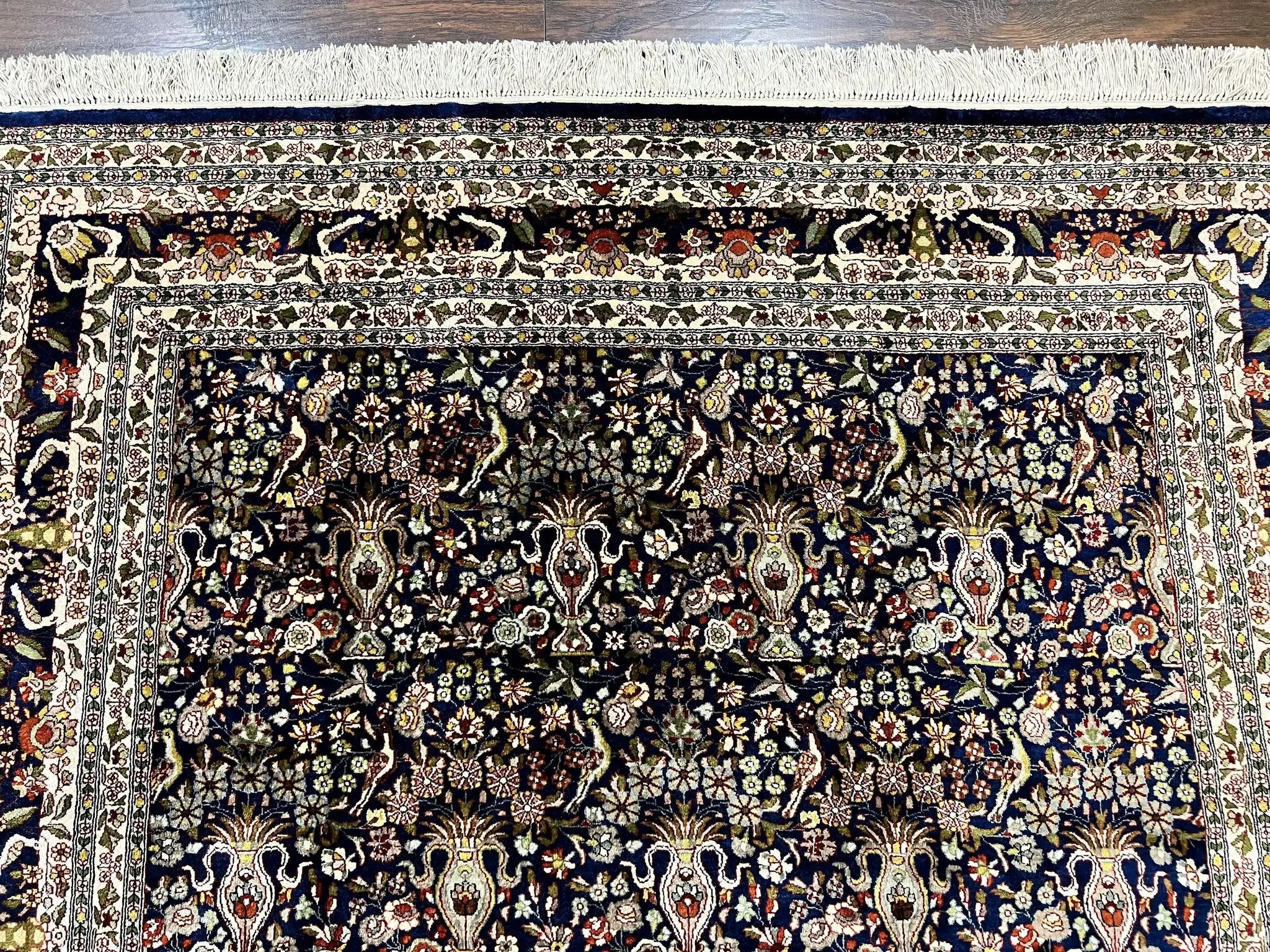 Silk Indian Kashmiri Rug 5x7, Navy Blue Indo Persian Silk Carpet 5 x 7 ft, Hand Knotted Handmade Very Fine Oriental Carpet, 450 KPSI, Birds by Jewel Rugs