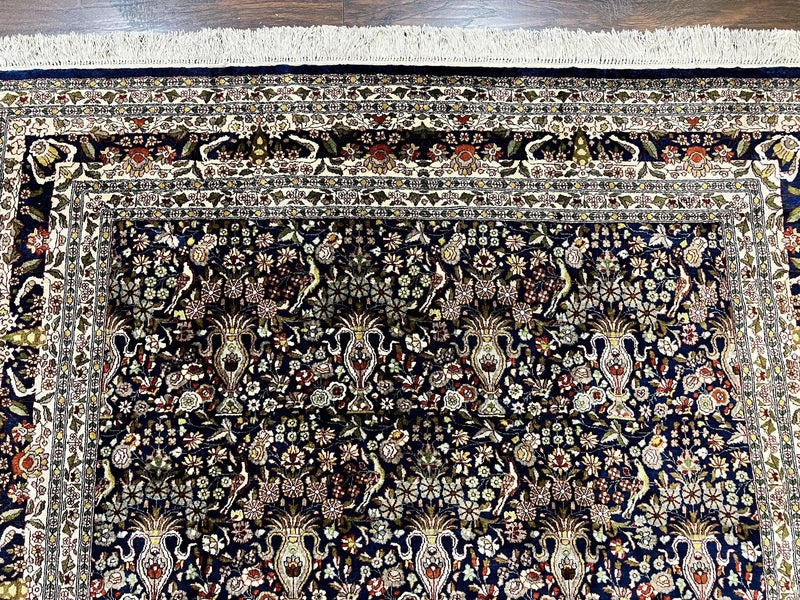 Silk Indian Kashmiri Rug 5x7, Navy Blue Indo Persian Silk Carpet 5 x 7 ft, Hand Knotted Handmade Very Fine Oriental Carpet, 450 KPSI, Birds by Jewel Rugs