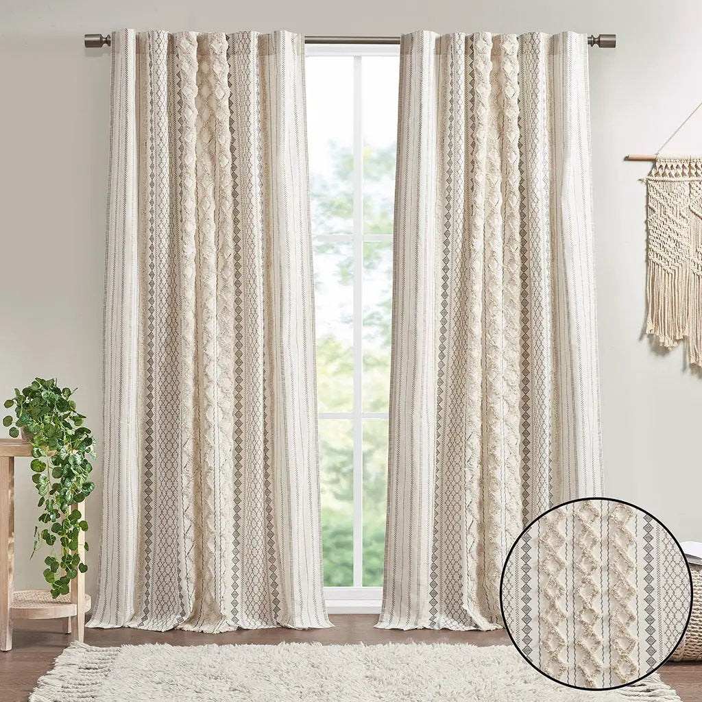 Cotton Printed Curtain Panel with Chenille Stripe and Lining Ivory 50x84 by HouseOfZazla
