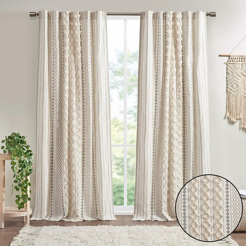 Cotton Printed Curtain Panel with Chenille Stripe and Lining Ivory 50x84 by HouseOfZazla