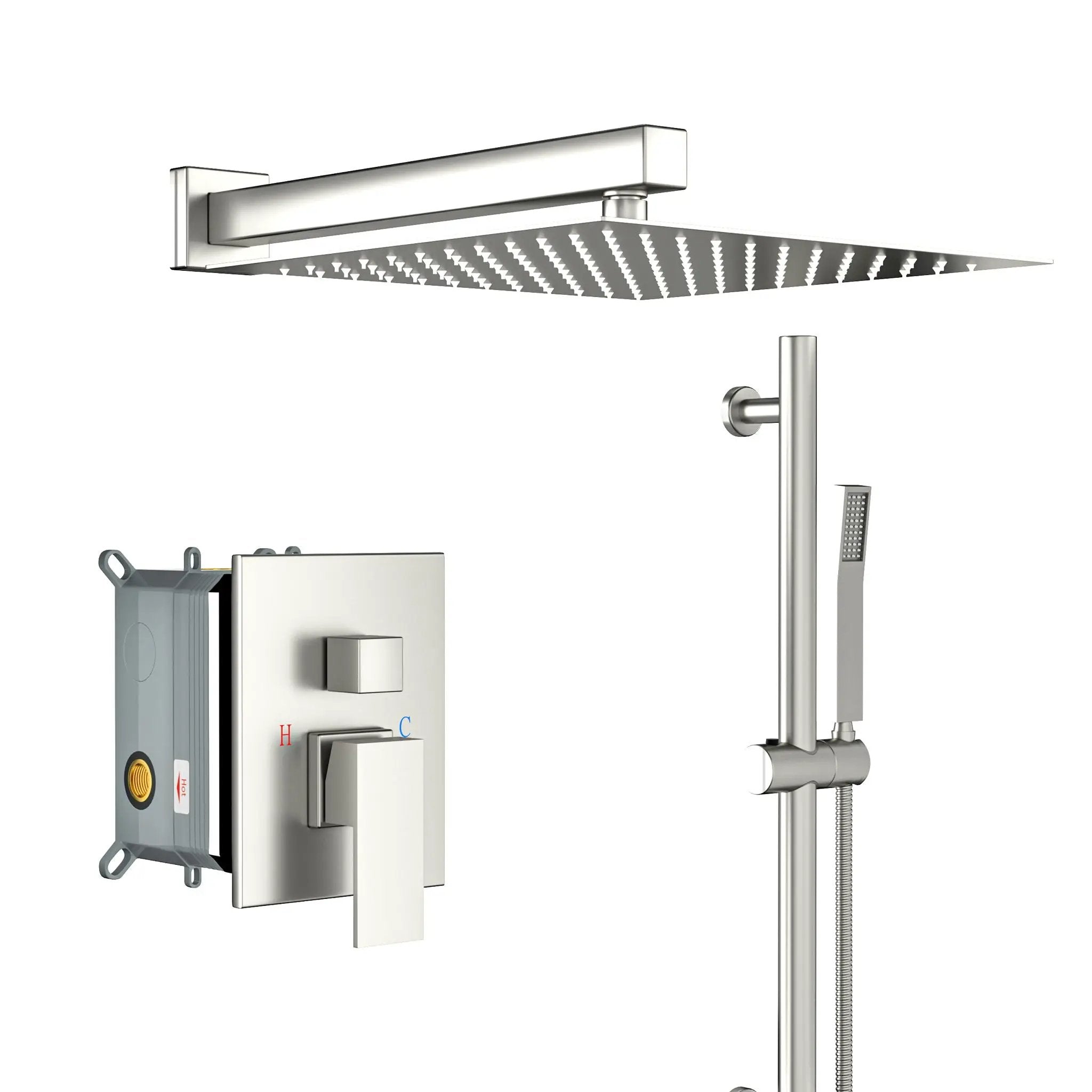 Wall Mounted Shower System With Adjustable Slide Bar And Rough In Valve, 12" Square Design - Brushed Nickel by HouseOfZazla