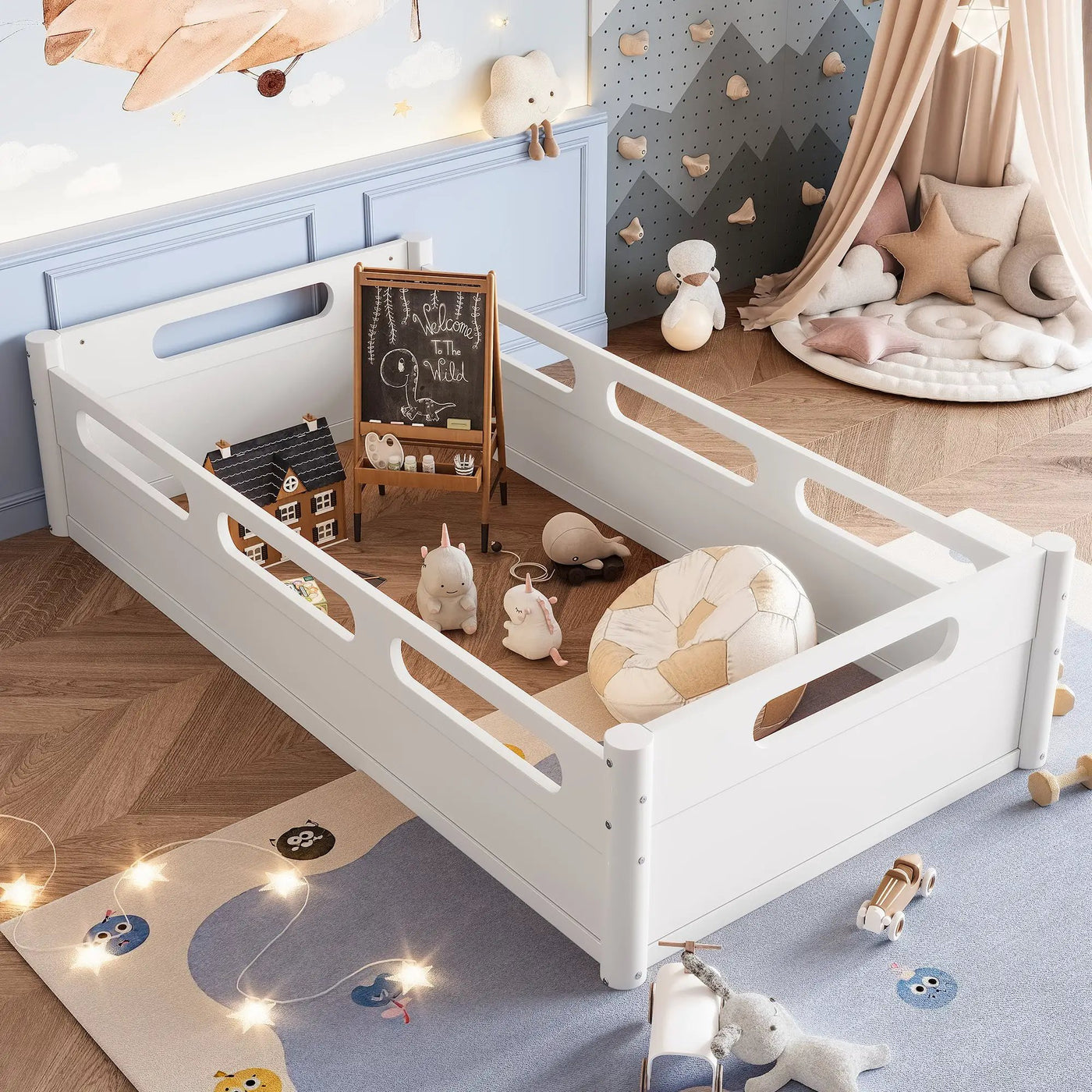 Twin Size Floor Platform Bed with Full-Length Guardrails by HouseOfZazla