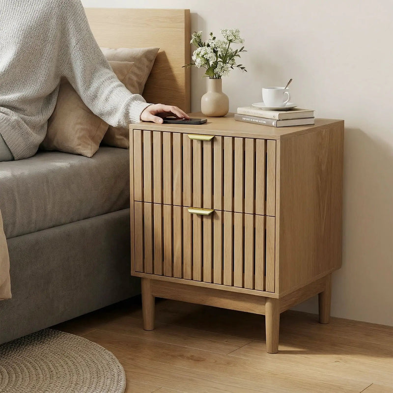 Bedside Table With Grille Design And 2 Drawers, Side Table For Bedroom - Oak by Unique Piece Furniture