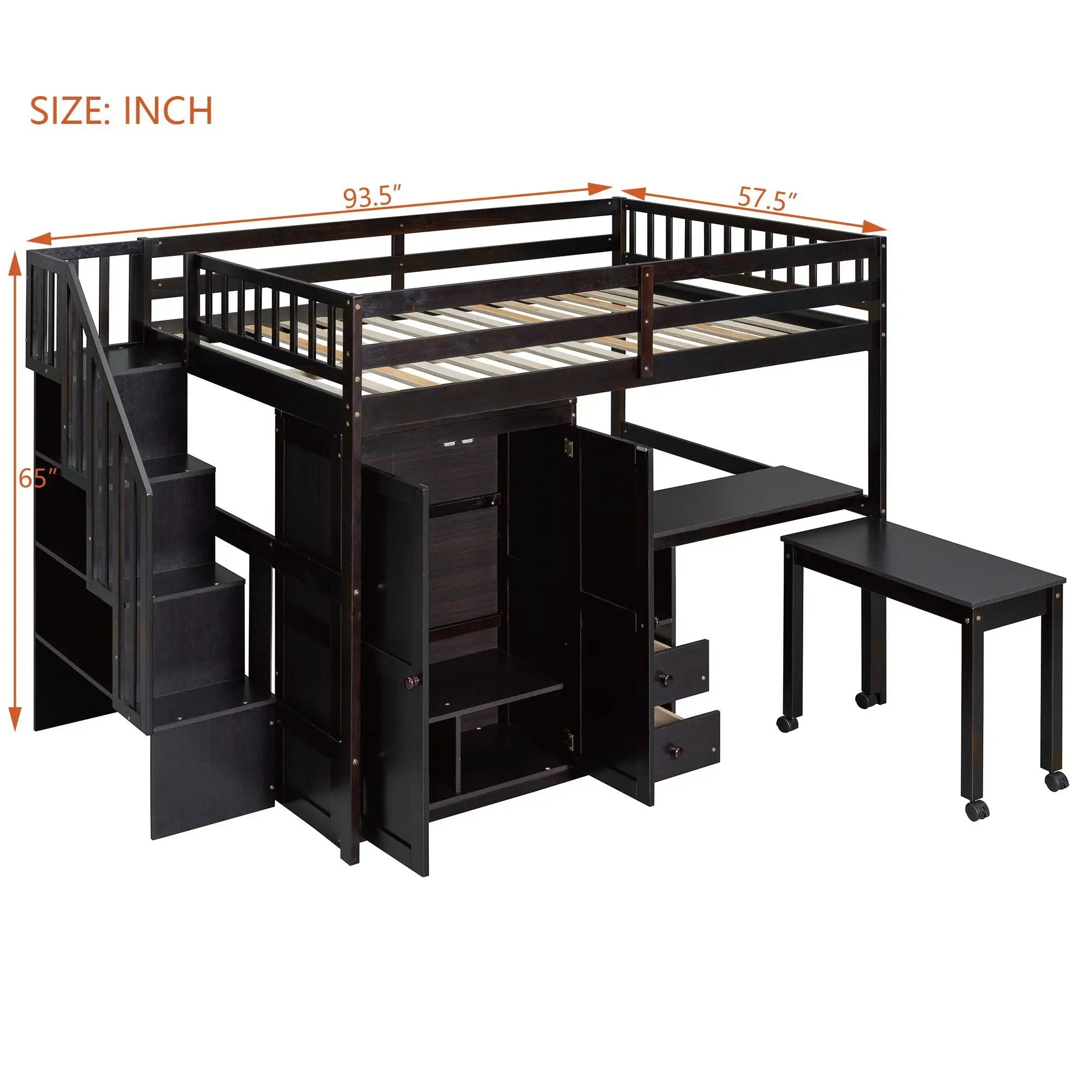 Loft Bed With Stairs, Bookshelf, Drawers, Desk & Wardrobe, Space Saving Multifunctional Furniture by HouseOfZazla