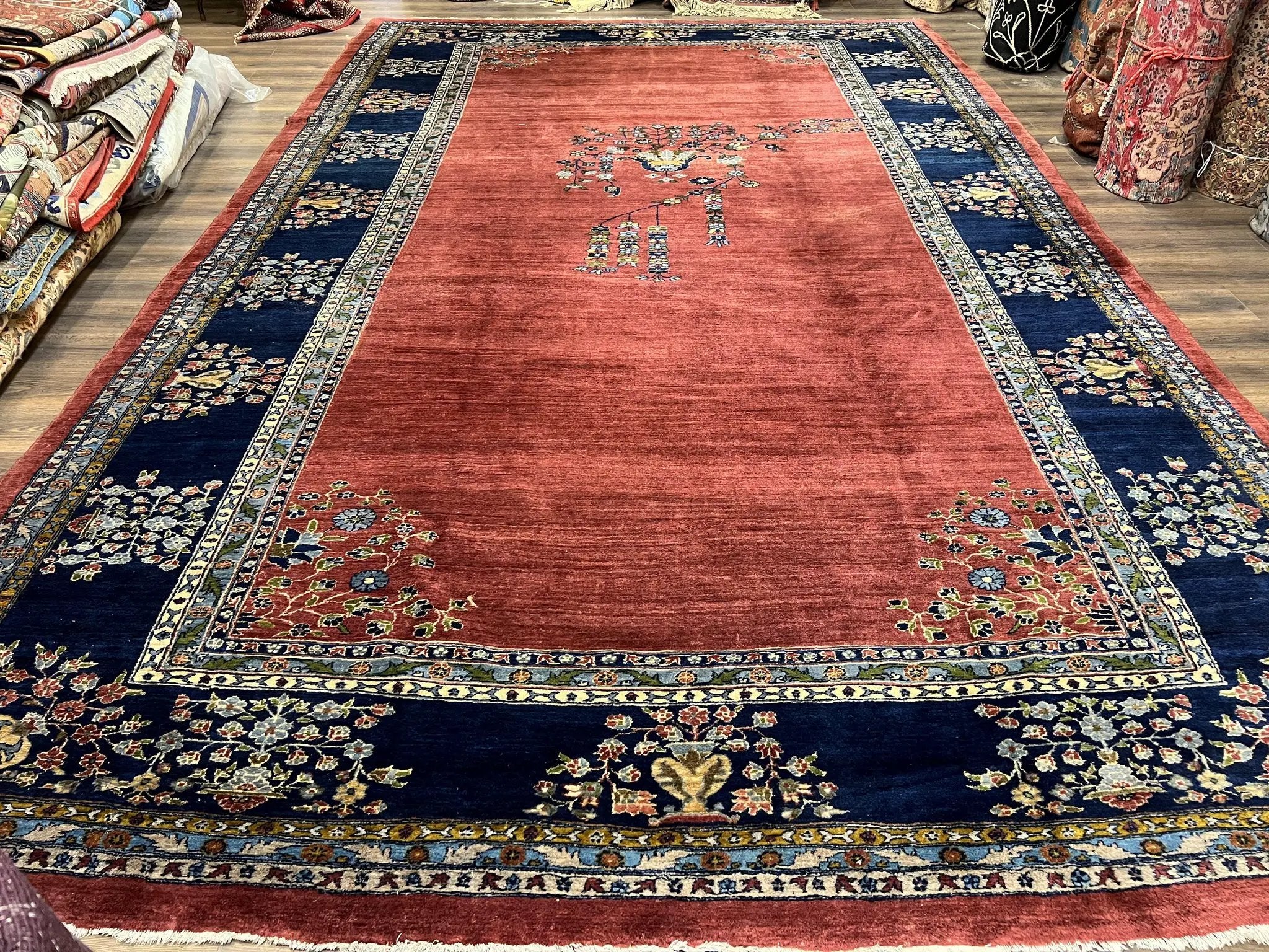 Large Persian Sarouk Rug 10x17, Open Field, Red and Navy Blue, Palace Sized Oversized Hand Knotted Wool Oriental Carpet Flowers Vases Antique 1920s by Jewel Rugs
