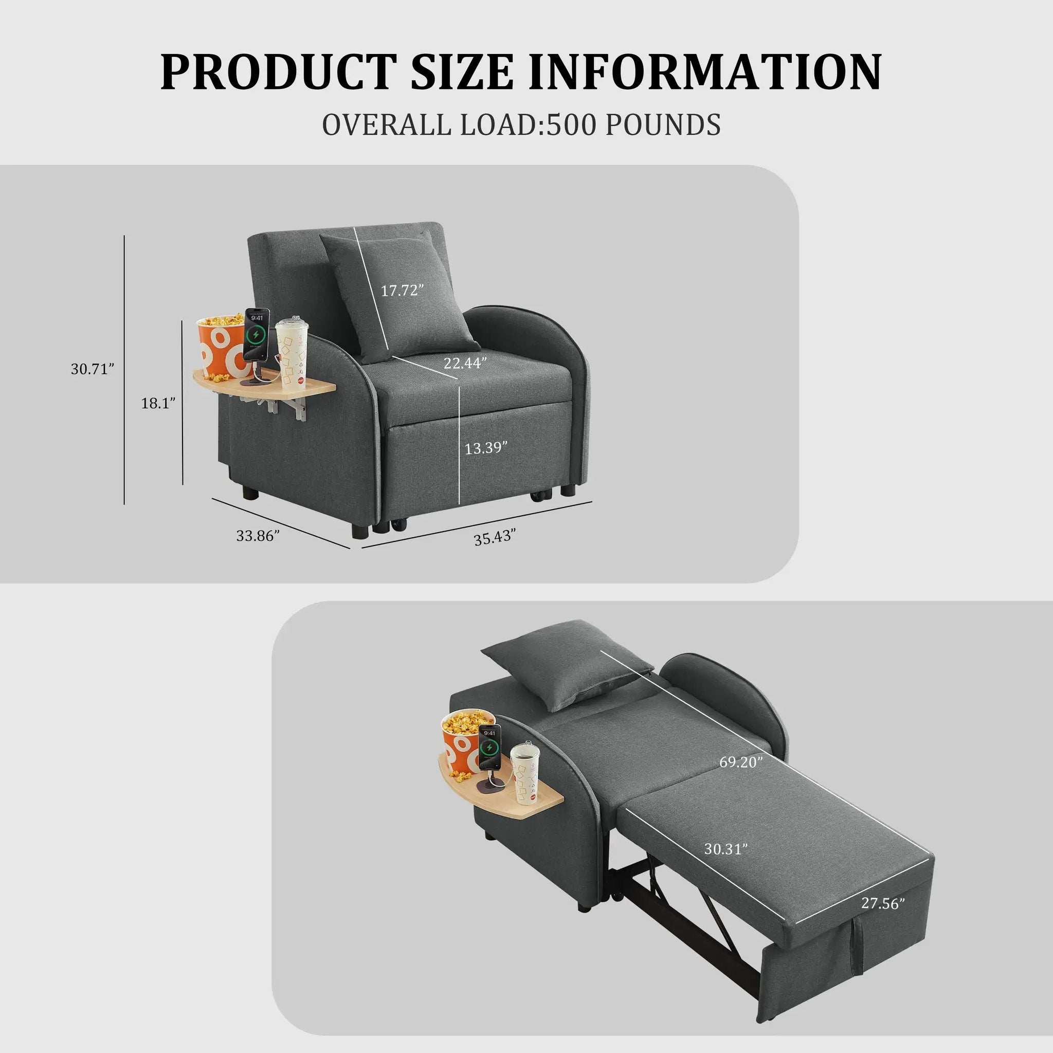 Sleeper Sofa Chair Bed, 3-In-1 Convertible with Adjustable Backrest & Foldable Table by HouseOfZazla