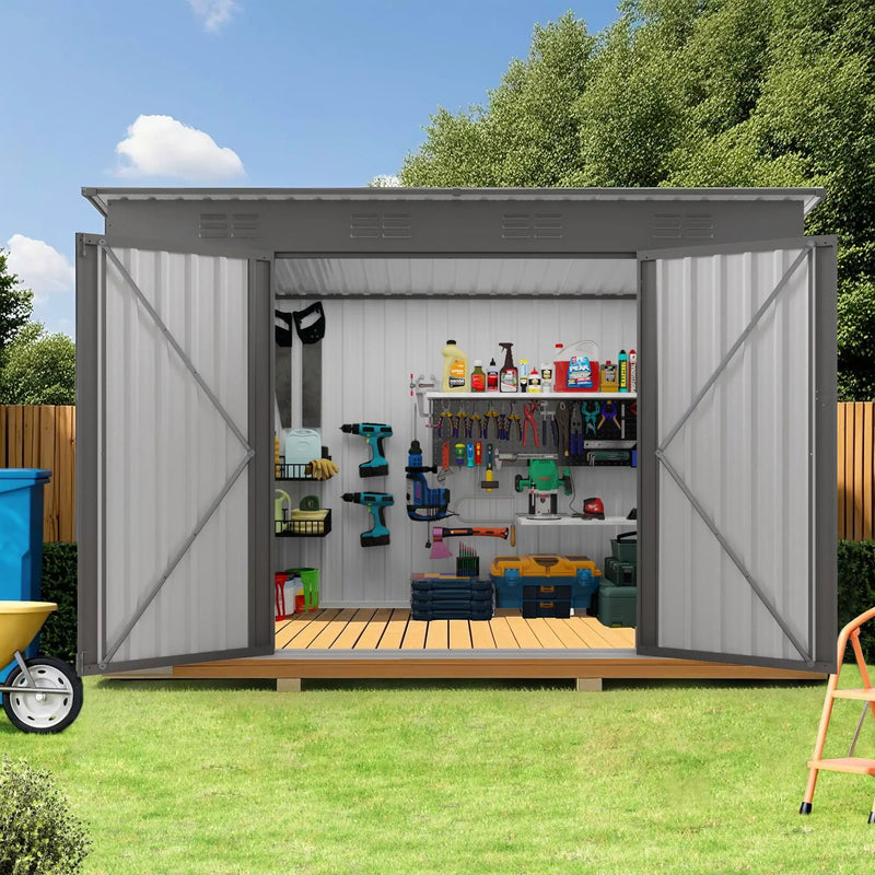 Outdoor Storage Shed, Tool House With Sloping Roof, 6 Vents And 2 Swing Doors For Backyard - Gray by HouseOfZazla
