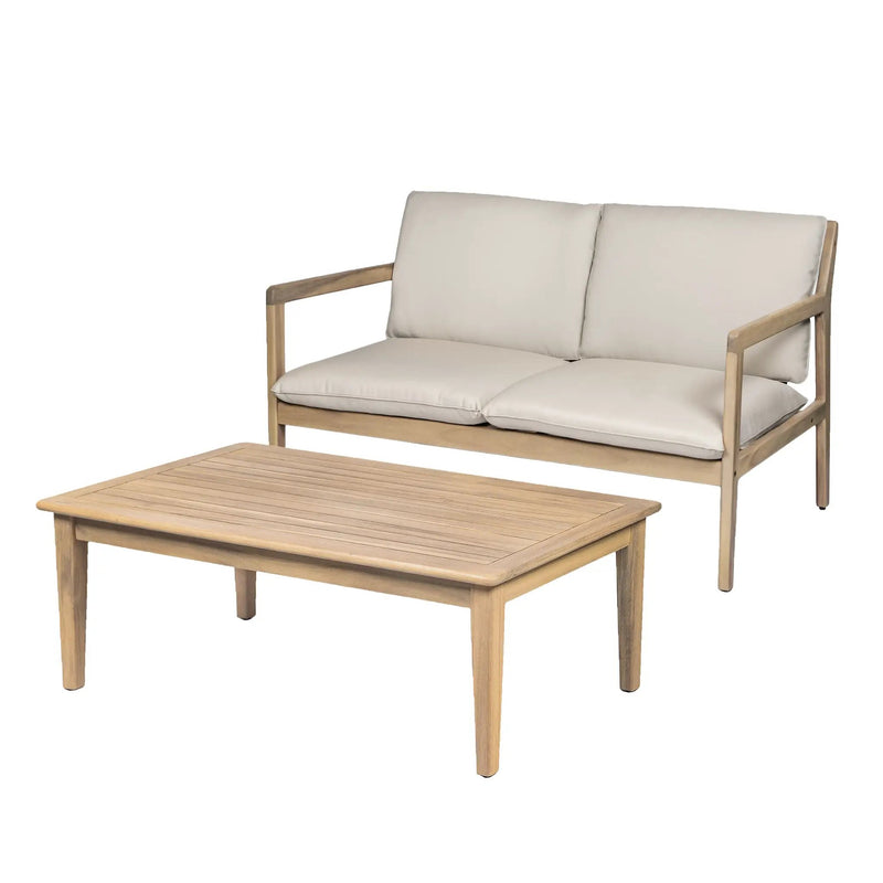 Outdoor Acacia Wood Loveseat with Coffee Table, Light Teak Frame by HouseOfZazla