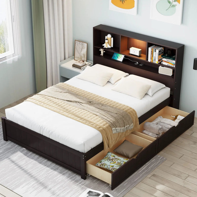 Platform Bed With Bookcase Headboard, Built-In Downlight, Charging Station, And 2 Side Drawers by Unique Piece Furniture