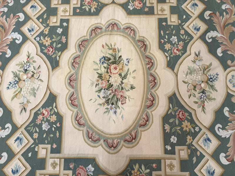 Aubusson Rug 9x12, Muted Sage Green and Cream, European Design by Jewel Rugs