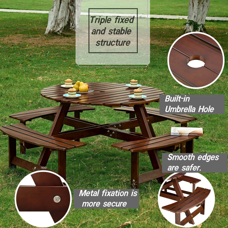 Outdoor 8 Person Round Picnic Table with Built-In Benches by HouseOfZazla