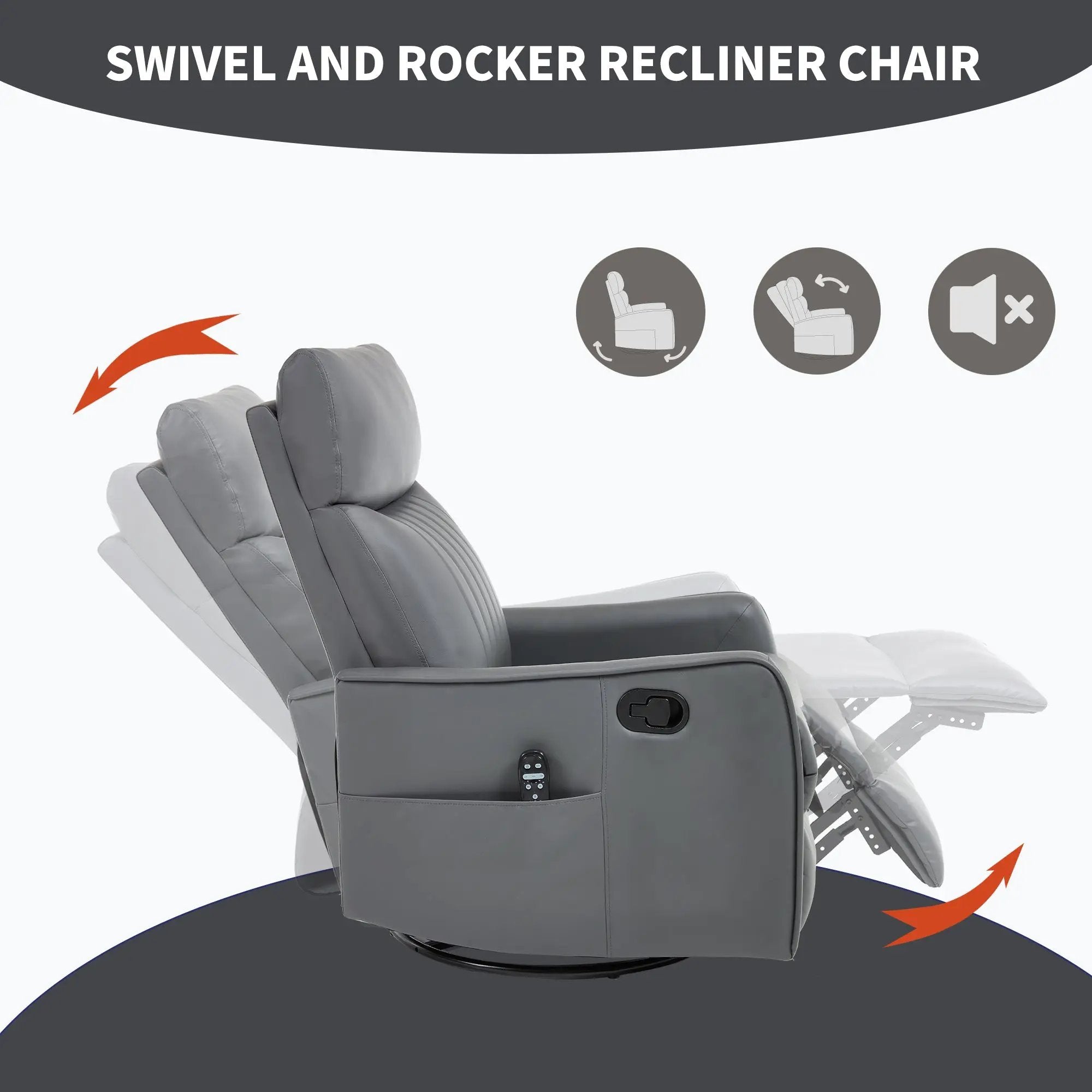 Grey Faux Leather Heat Massage Manual Recliner Chair with Rocker and Swivel by HouseOfZazla