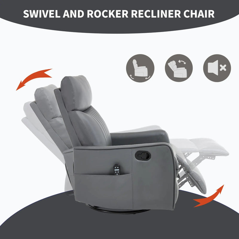 Grey Faux Leather Heat Massage Manual Recliner Chair with Rocker and Swivel by HouseOfZazla