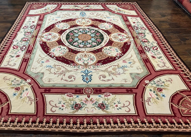 Needlepoint Rug 7.9 x 9, Beige Maroon Rose, Handmade Handwoven Flatweave Aubusson Savonnerie French European Elegant Carpet, Wool Rug by Jewel Rugs