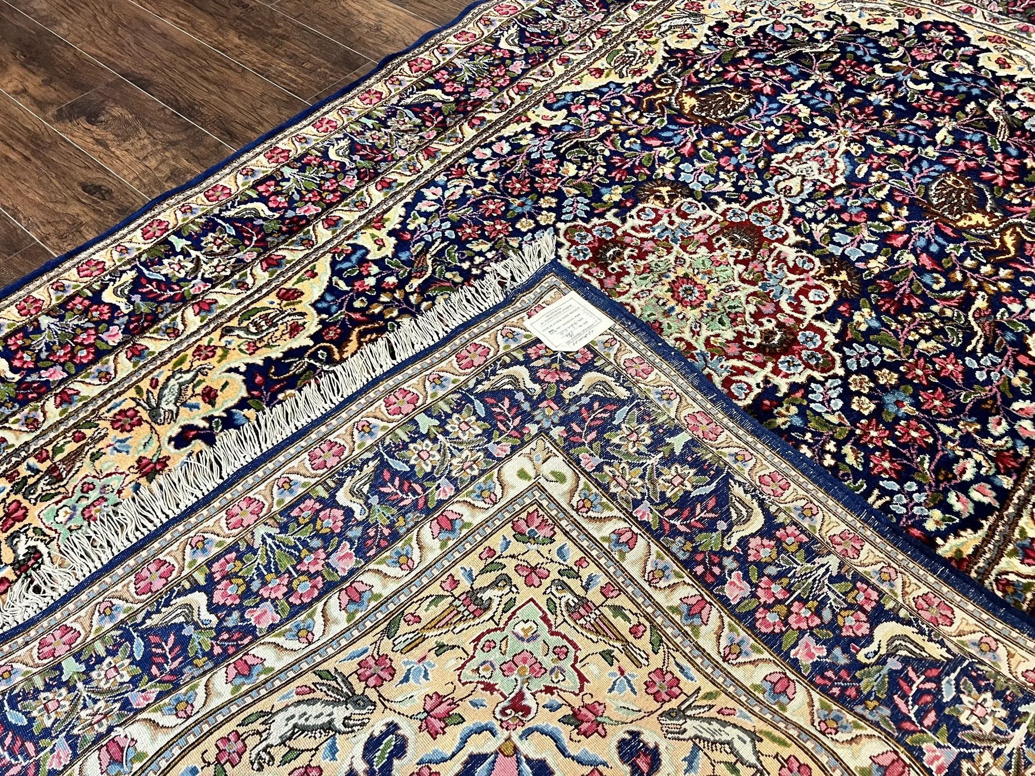 Persian Kirman Rug 6x9, Floral Medallion Vintage Wool Handmade Carpet 6 x 9, Animal Pictorials Birds, Semi Antique, Navy Blue, Millefleur by Jewel Rugs