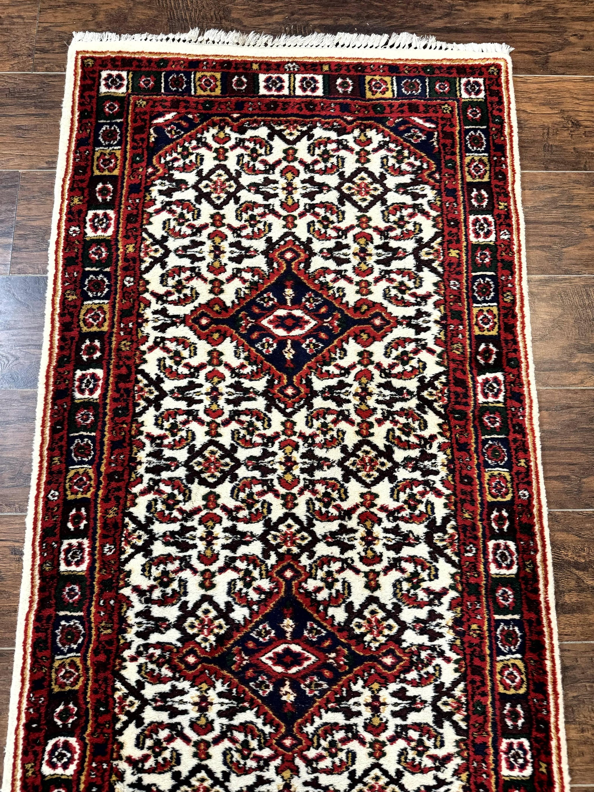 Indo Persian Bidjar Runner Rug 2.8 x 10, Vintage Rug for Hallway, 10ft Runner, Wool Handmade Ivory and Red, Medallions by Jewel Rugs