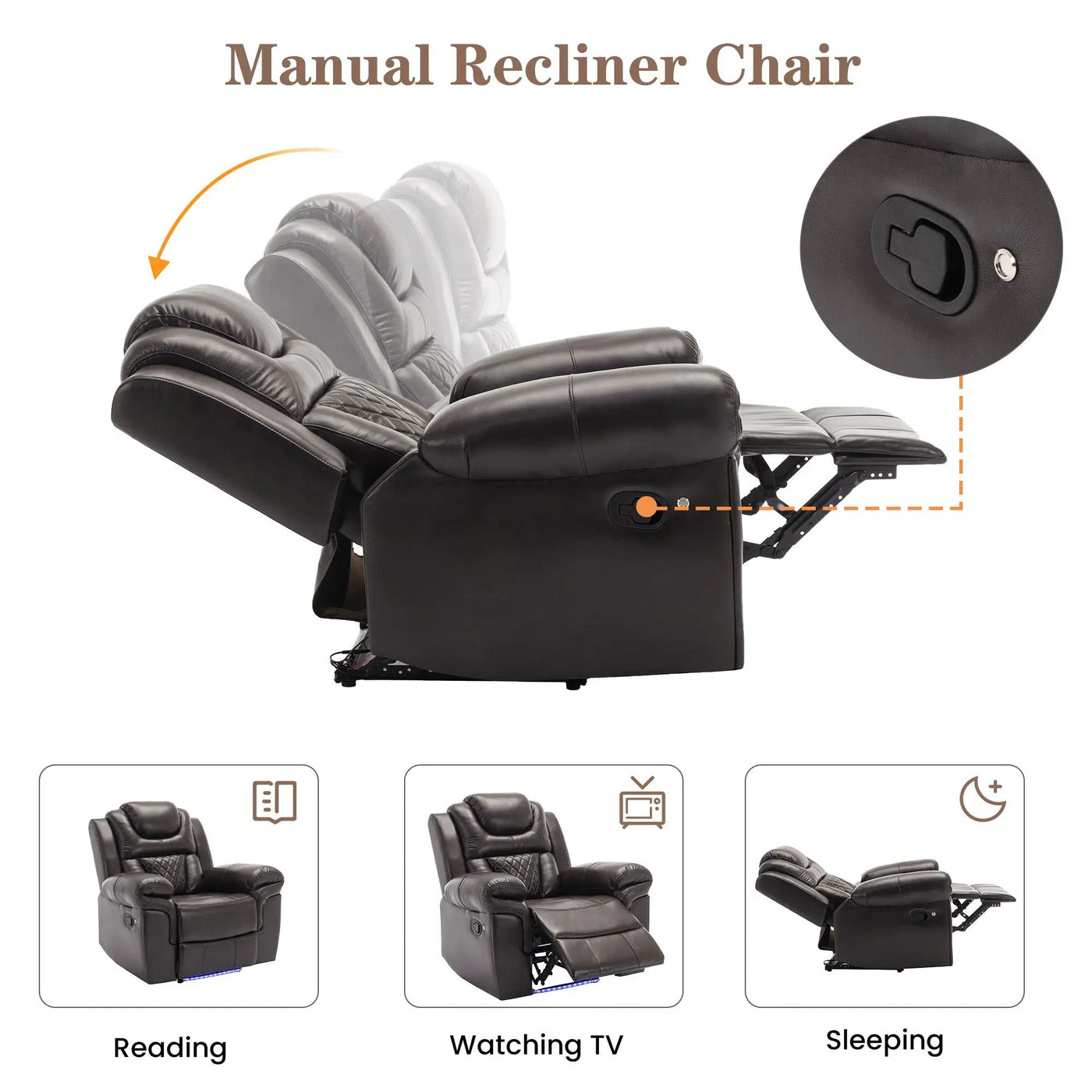 3 Pieces Recliner Sofa Sets Home Theater Seating Manual Recliner Chair With Center Console And LED Light Strip For Living Room by Unique Piece Furniture