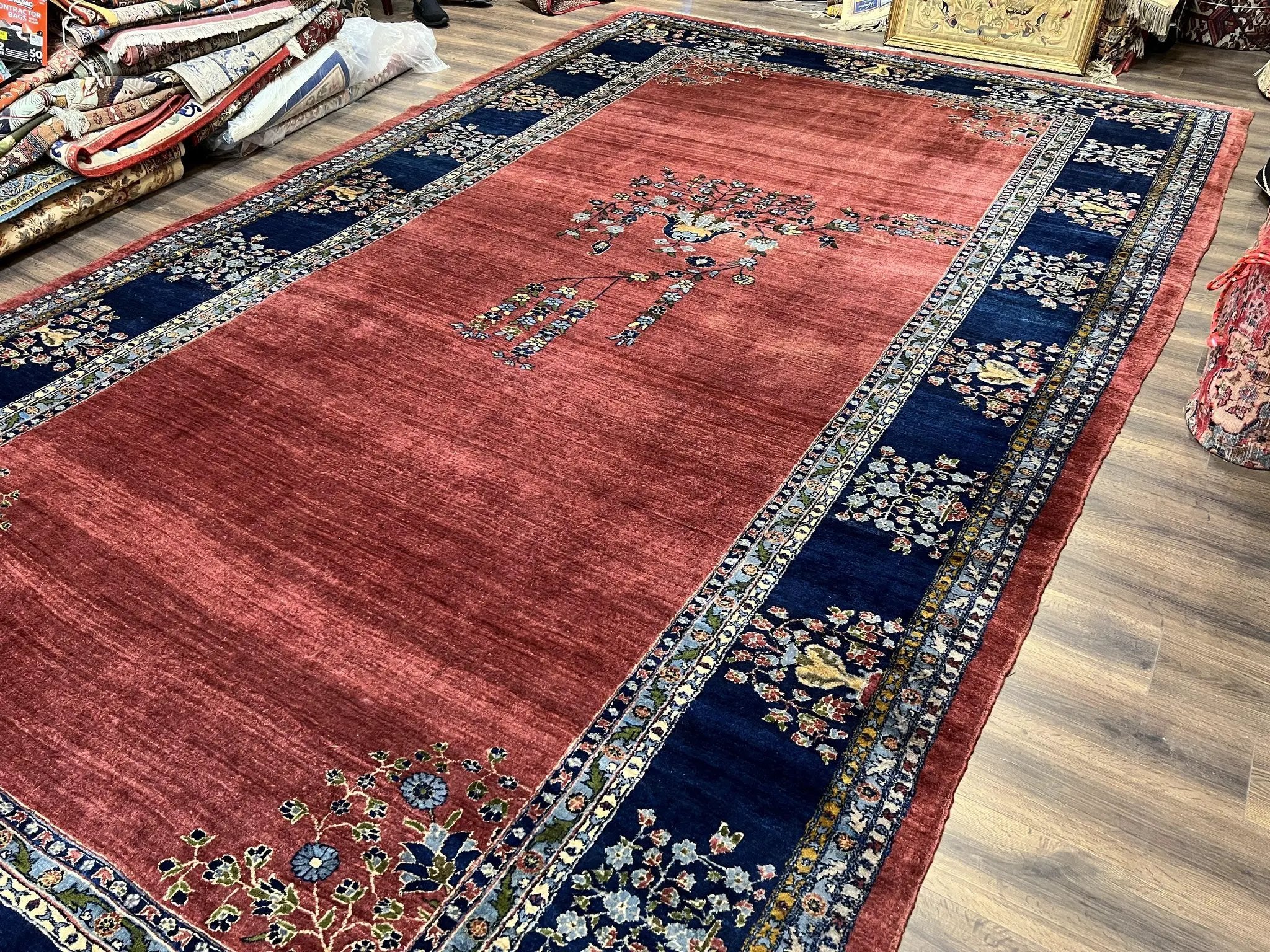Large Persian Sarouk Rug 10x17, Open Field, Red and Navy Blue, Palace Sized Oversized Hand Knotted Wool Oriental Carpet Flowers Vases Antique 1920s by Jewel Rugs