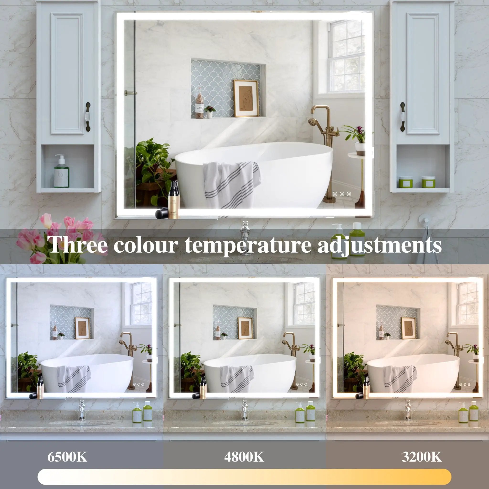 LED Bathroom Vanity Mirror Wall Mounted Adjustable / Warm / Natural Lights Anti-Fog Touch Switch With Memory Modern Smart Large Bathroom Mirrors by HouseOfZazla