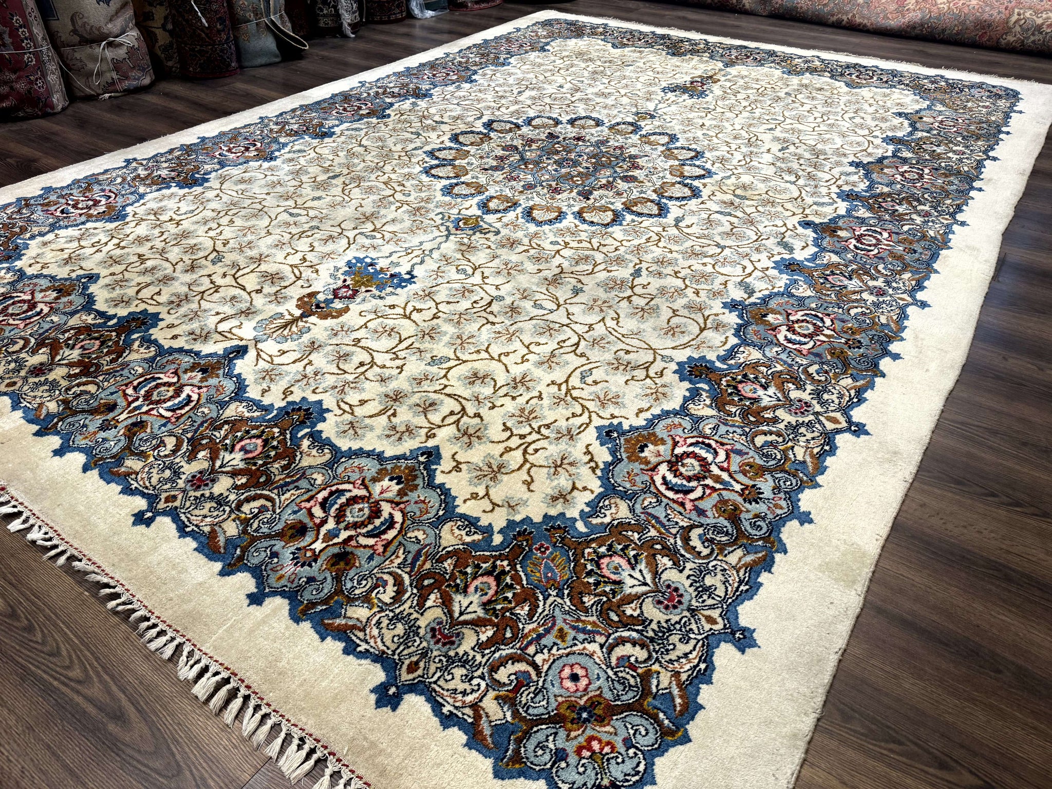 Persian Kashan Rug 9 x 12.6, Ivory and Blue, Floral Medallion, Wool Hand Knotted Semi Antique Carpet by Jewel Rugs
