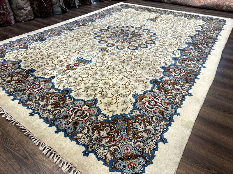 Persian Kashan Rug 9 x 12.6, Ivory and Blue, Floral Medallion, Wool Hand Knotted Semi Antique Carpet by Jewel Rugs