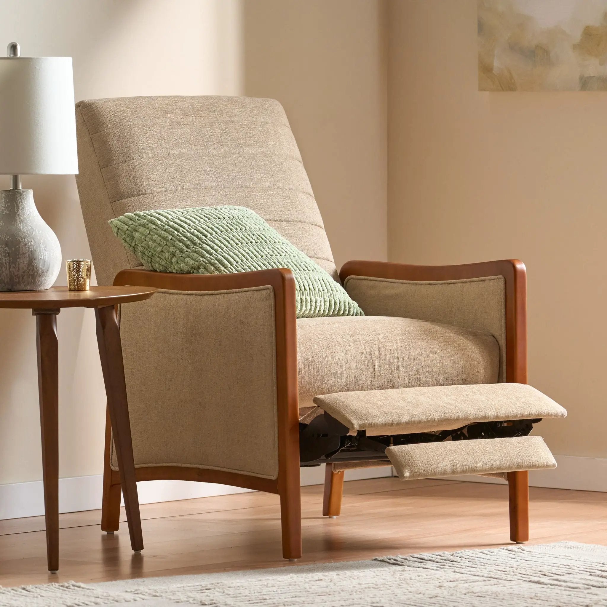 Mid Century Modern Fabric Channel Stitch Wood Pushback Recliner by Unique Piece Furniture