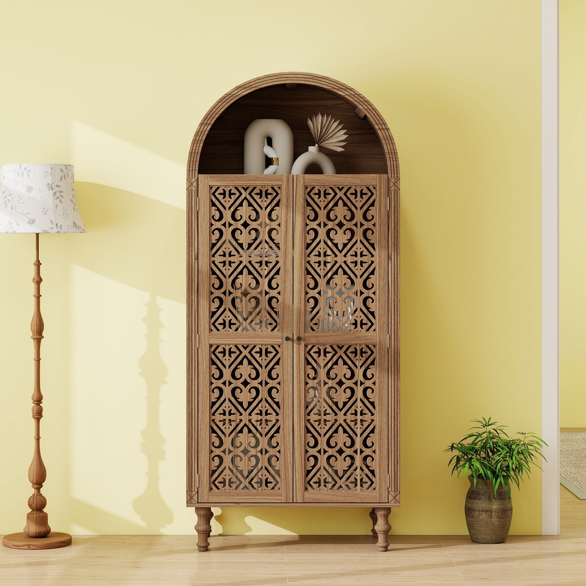 Tall Kitchen Pantry Cabinet With Hollow Carved Doors Adjustable Shelves Versatile Storage Cabinet For Kitchen - Walnut by HouseOfZazla