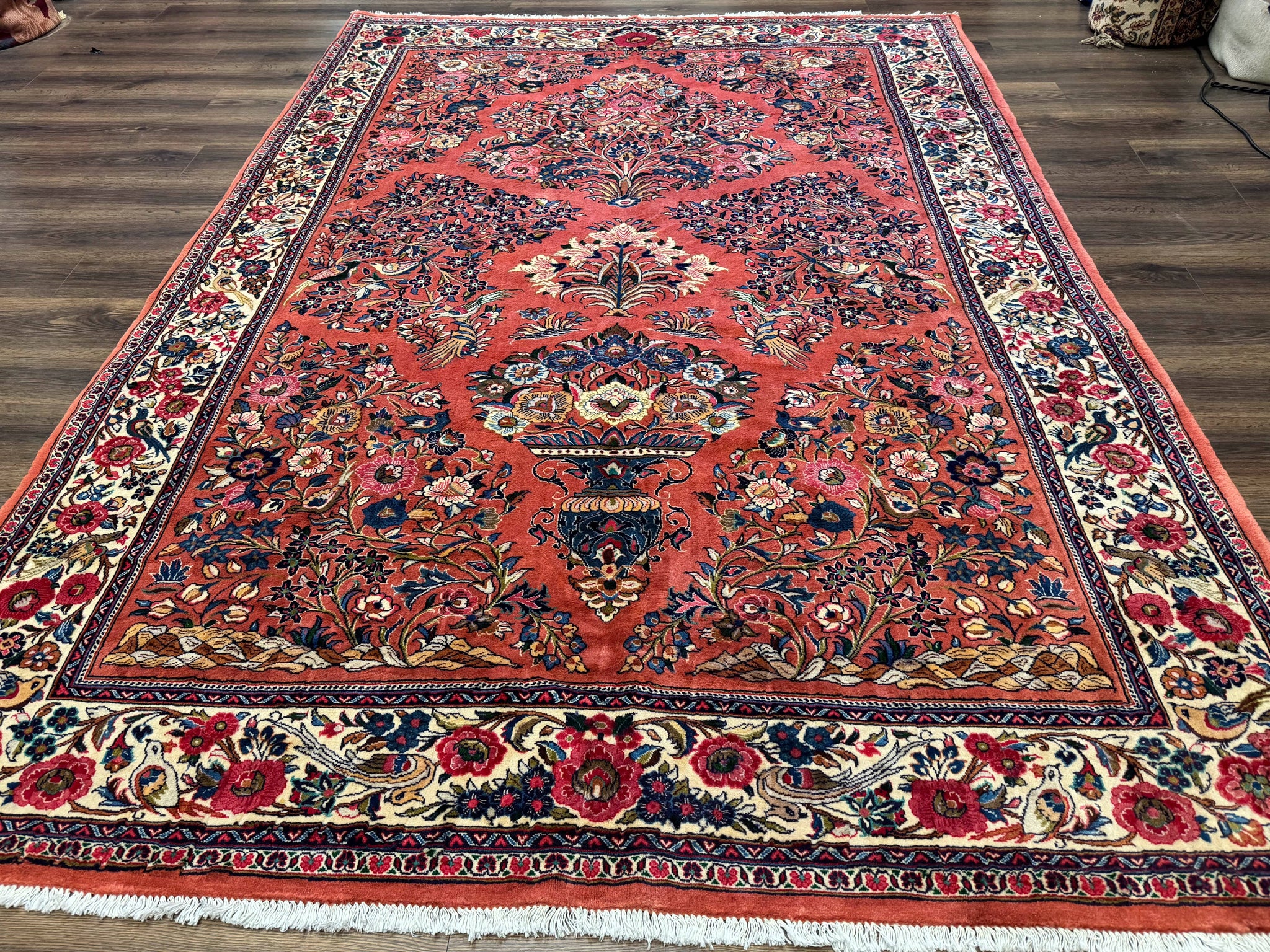 Persian Sarouk Rug 7x10, Red and Ivory, Floral Bouquets, Birds by Jewel Rugs