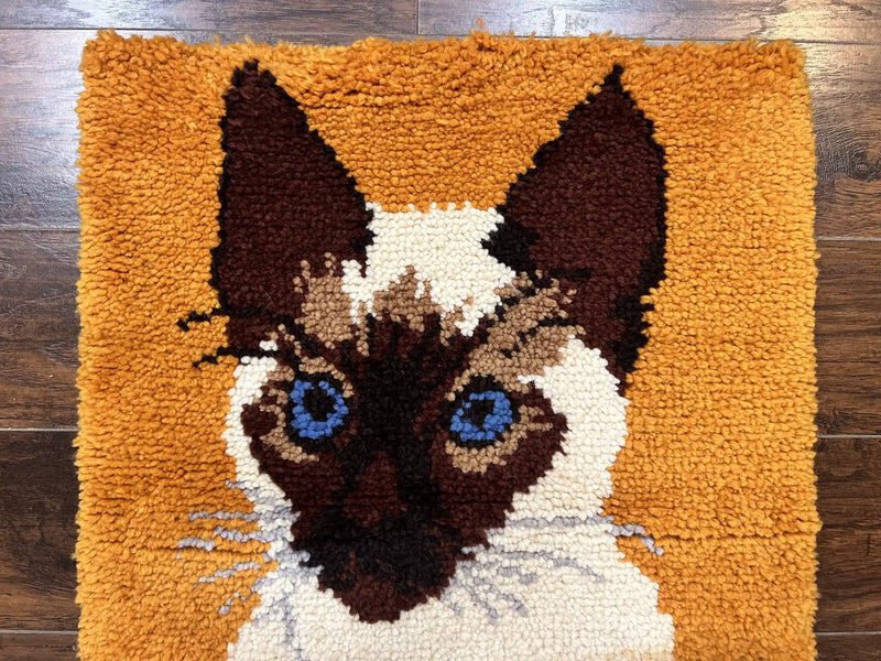 Small Shag Rug with Siamese Cat Pictorial, 2x3 ft Rug, Wool, Vintage, Danish Rya Shag Rug, Orange by Jewel Rugs