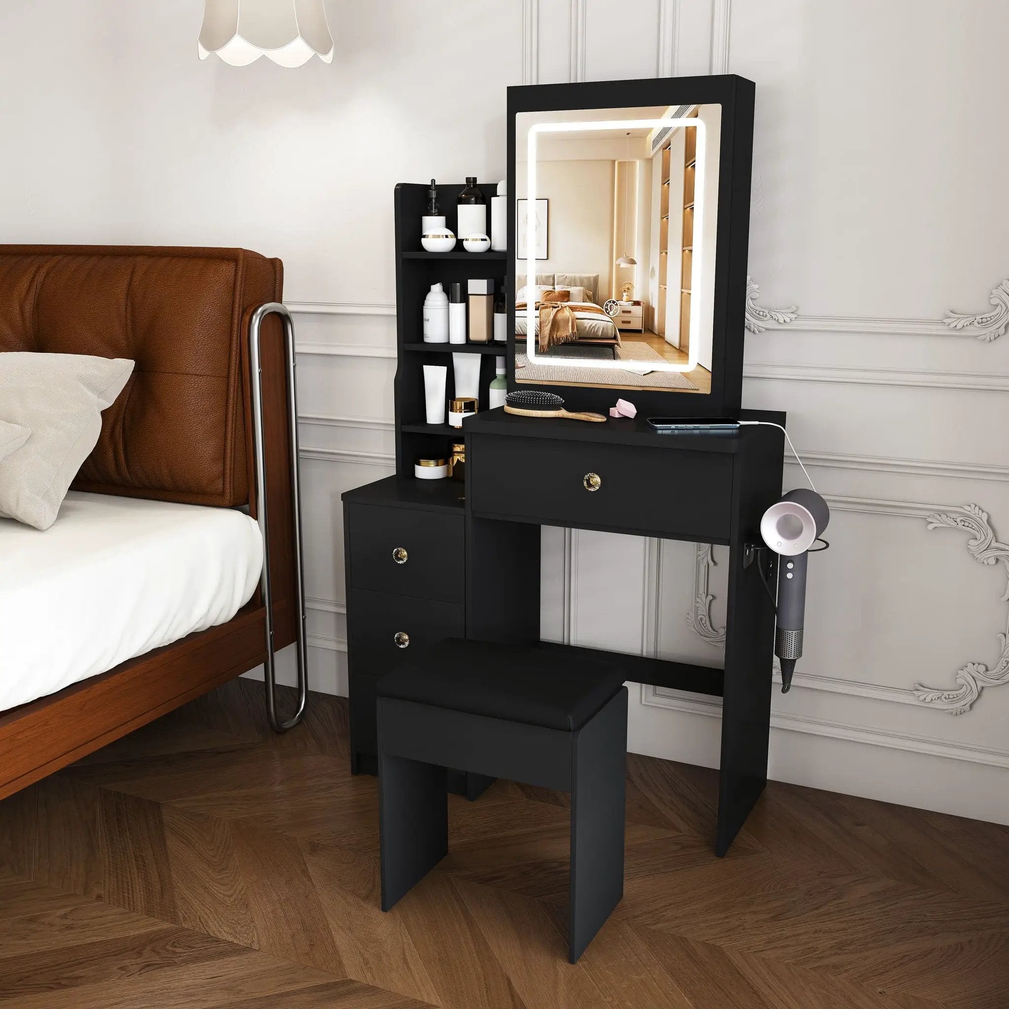Vanity Desk With 3 LED Lighting Modes, 4 Drawers, Open Shelves, Hair Dryer Holder & Power Socket Dressing Table Set With Chair - Black by Unique Piece Furniture