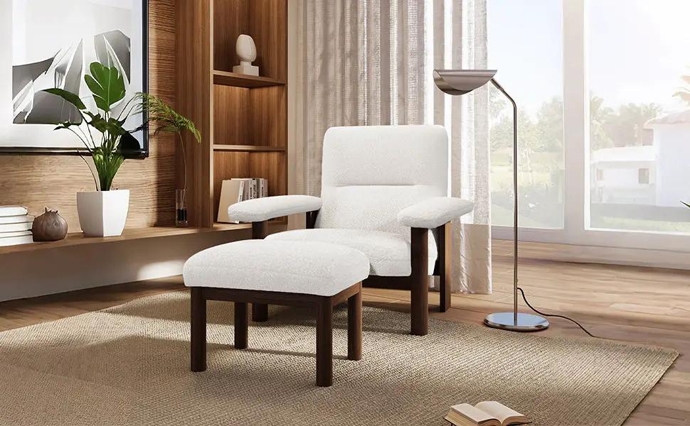 Modern Accent Chair With Ottoman, Mid Century Lounge Chair With Footrest, Comfy Fabric Armchair Upholstered Set With Solid Wood Frame For Living Room - White by HouseOfZazla