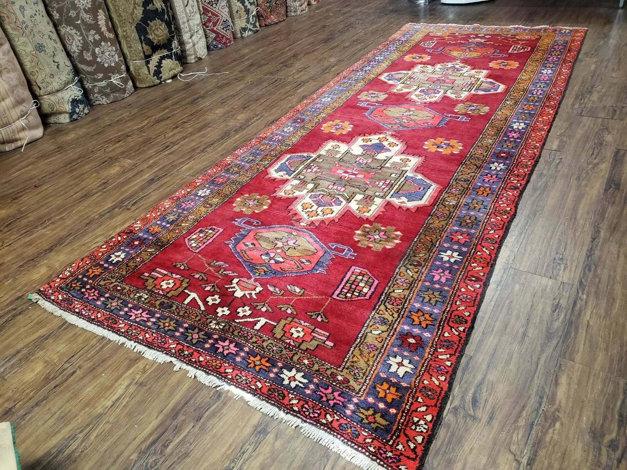 Antique Persian Karajeh Runner Rug 4.4 x 11 ft, Red Colorful Geometric Medallion Runner by Jewel Rugs