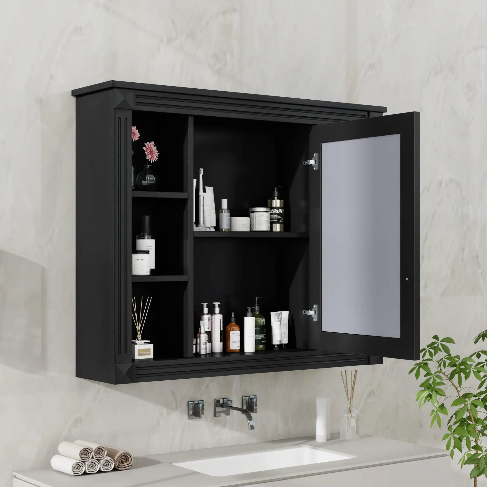Wall-Mounted Bathroom Storage Cabinet With Mirror, 6 Open Shelves - Black by Unique Piece Furniture