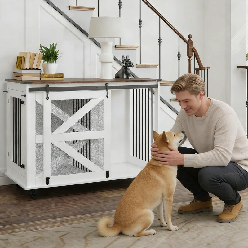 Mobile Dog Crate With Flip Top Feeding Door, Dual Access & 5 Caster System (2 Locking) - Brown White by HouseOfZazla