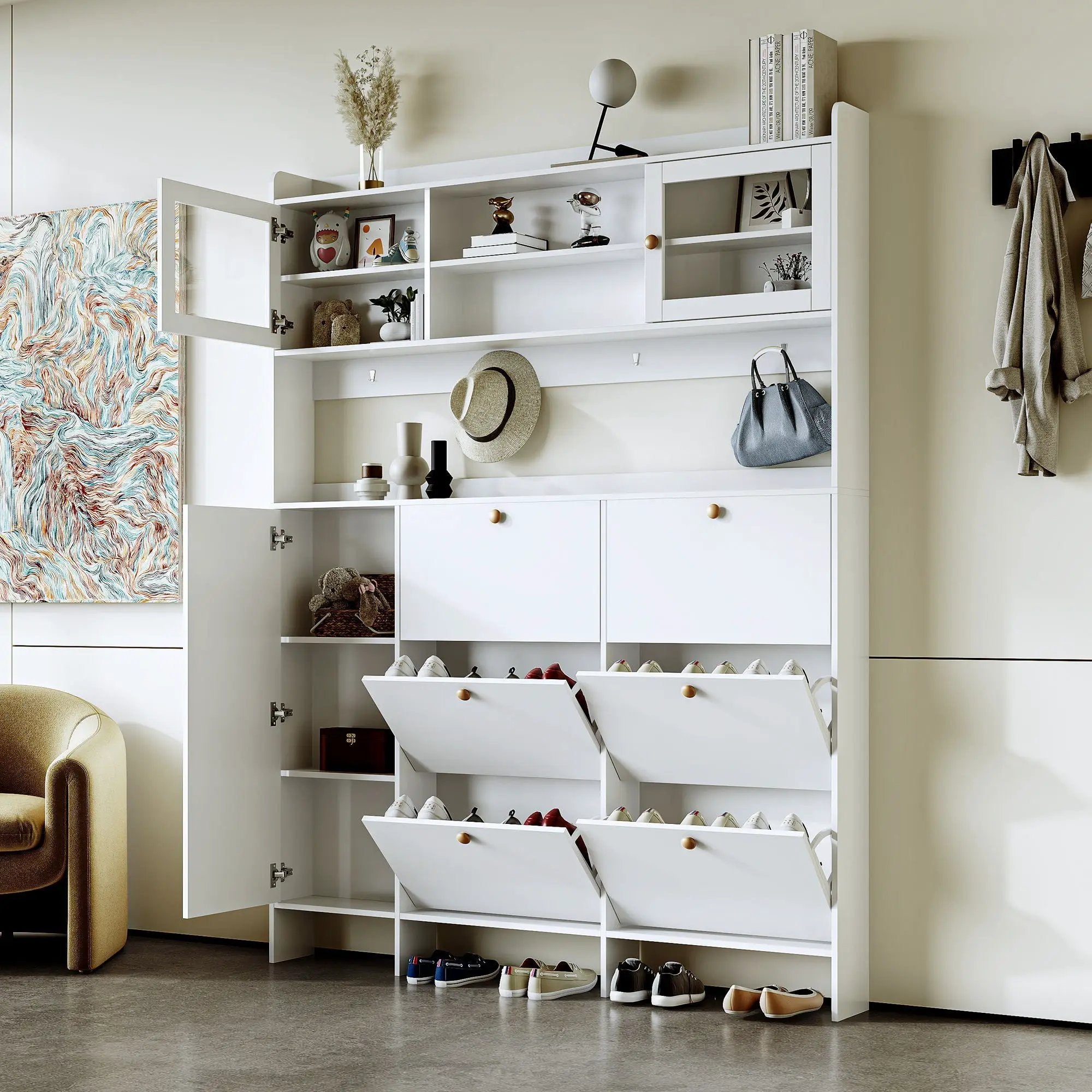 On Trend Multifunctional Tipping Bucket Shoe Cabinet With Storage Shelf & 6 Flip Drawers by Unique Piece Furniture