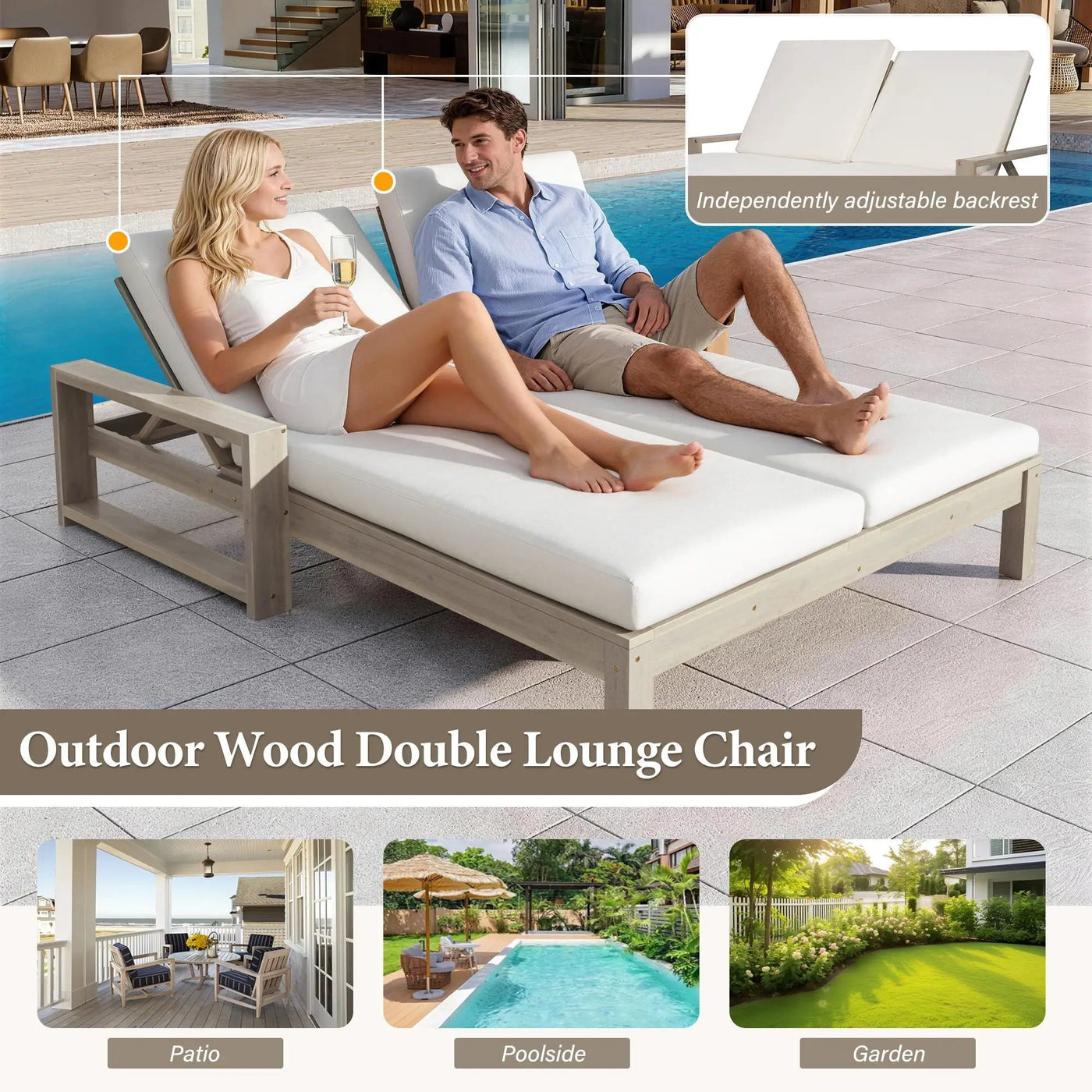 Outdoor Double Lounge Chair With 5 Position Adjustable Backrest by Unique Piece Furniture