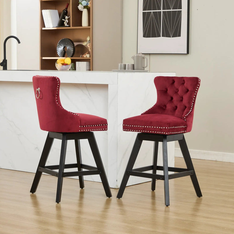 Swivel Velvet Barstools with Button Tufted Decoration - Set of 2 (Wine Red) by HouseOfZazla