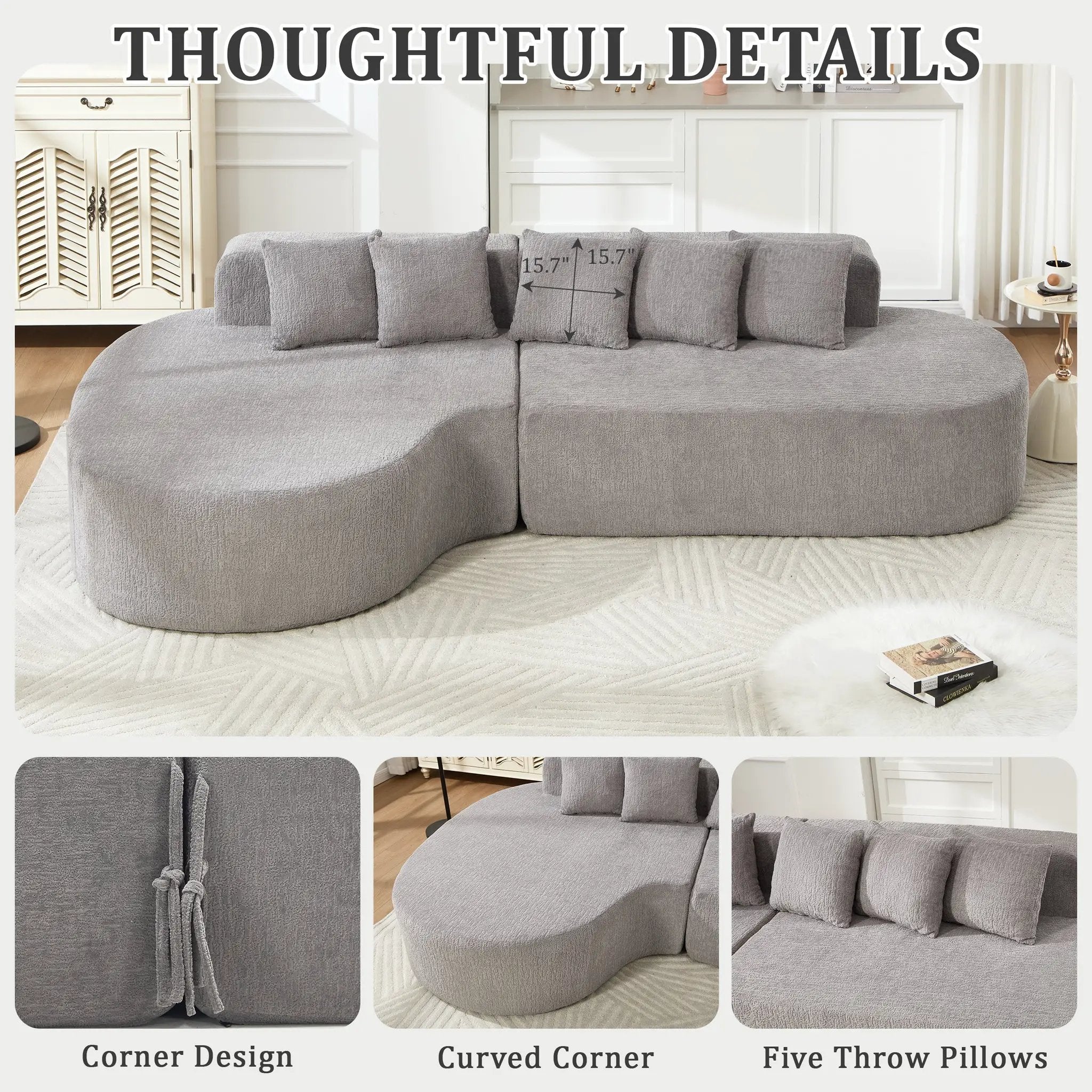 110.2" * 62" Boneless Sectional Curved Sofa with 5 Pillows by HouseOfZazla