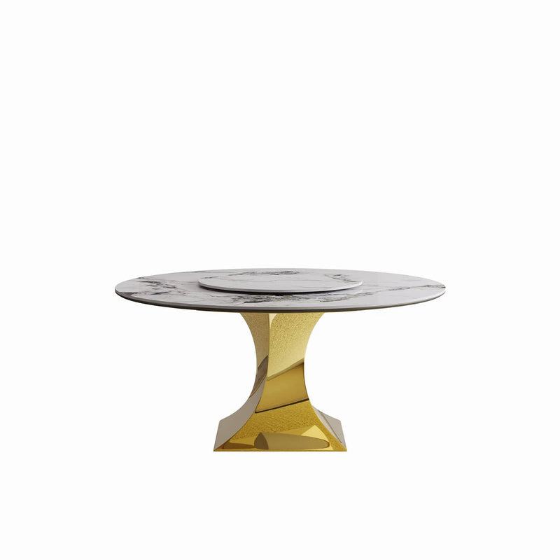 Luxury Round 59" Sintered Stone Dining Table With Stainless Steel Hourglass Base, Scratch & Heat Resistant Surface - Golden / White by HouseOfZazla