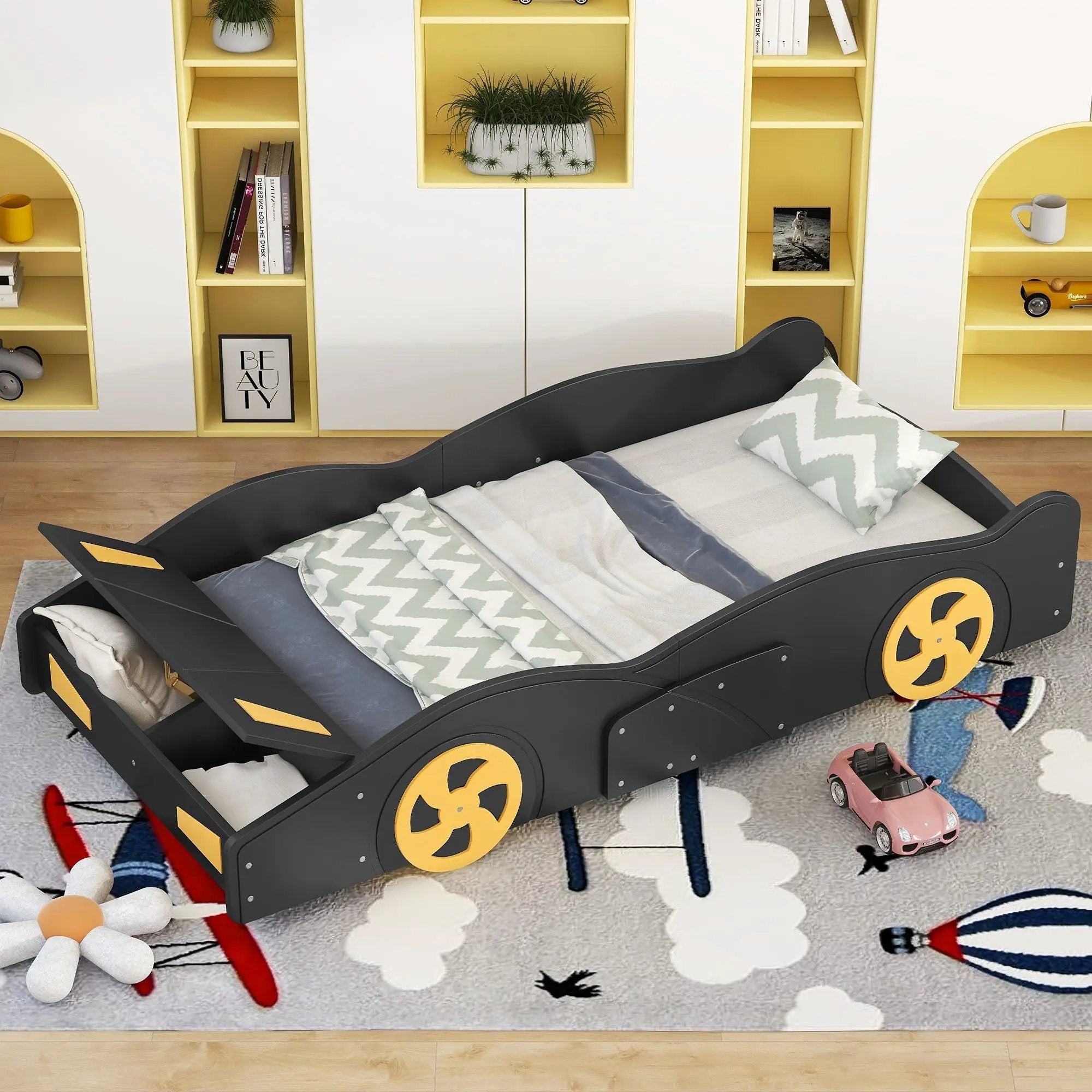 Race Car Shaped Platform Bed With Wheels And Storage by HouseOfZazla