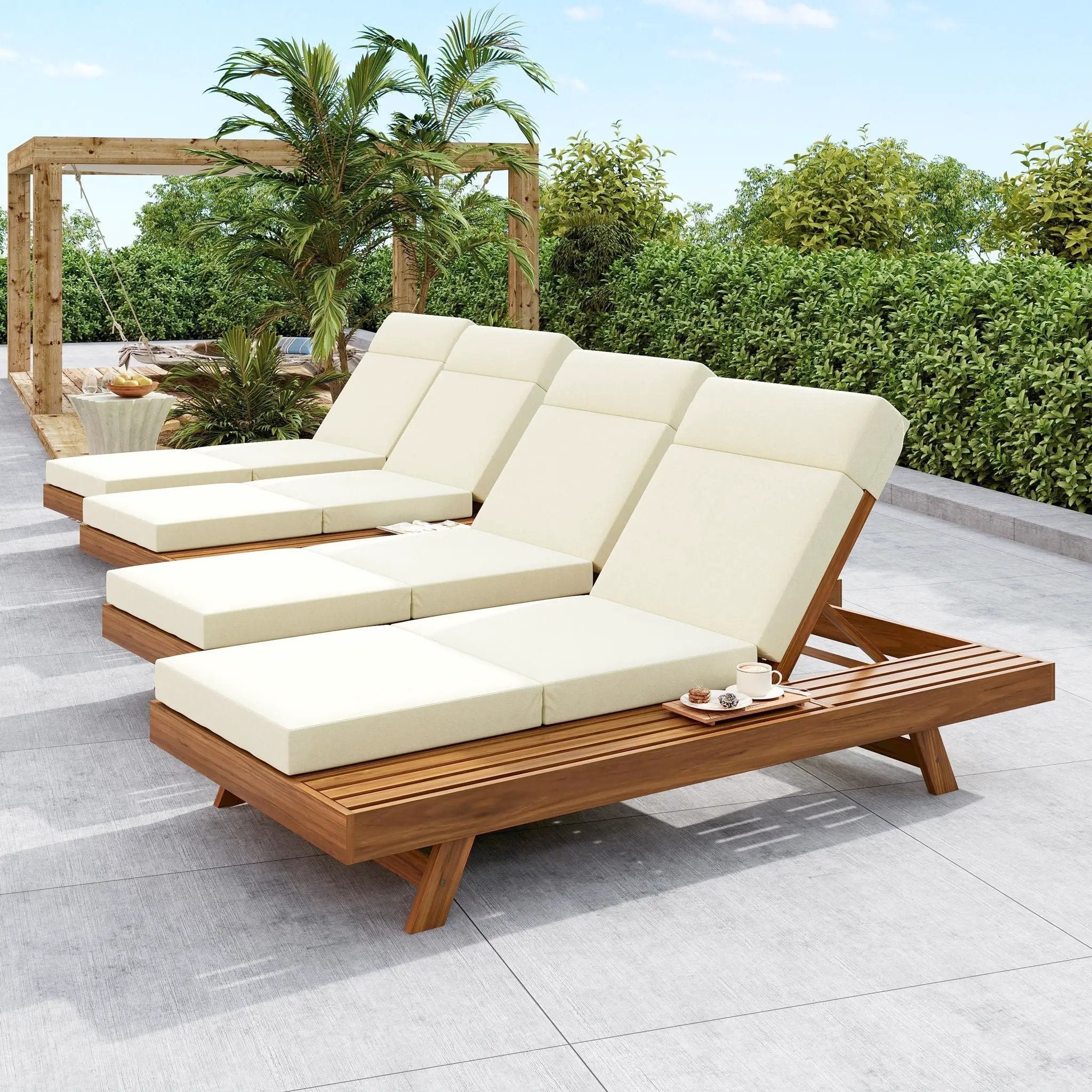Acacia Wood Lounge Chaise Set With Headrest And Water Resistant Cushions - Beige by HouseOfZazla