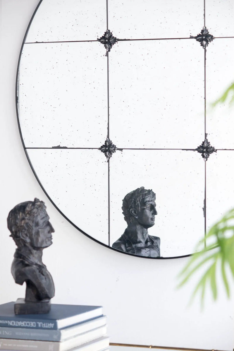 Traditional Decor Style Round Antique Glass Wall Mirror, Wall Decor For For Bathroom Entryway Console Lean Against Wall - Black by HouseOfZazla