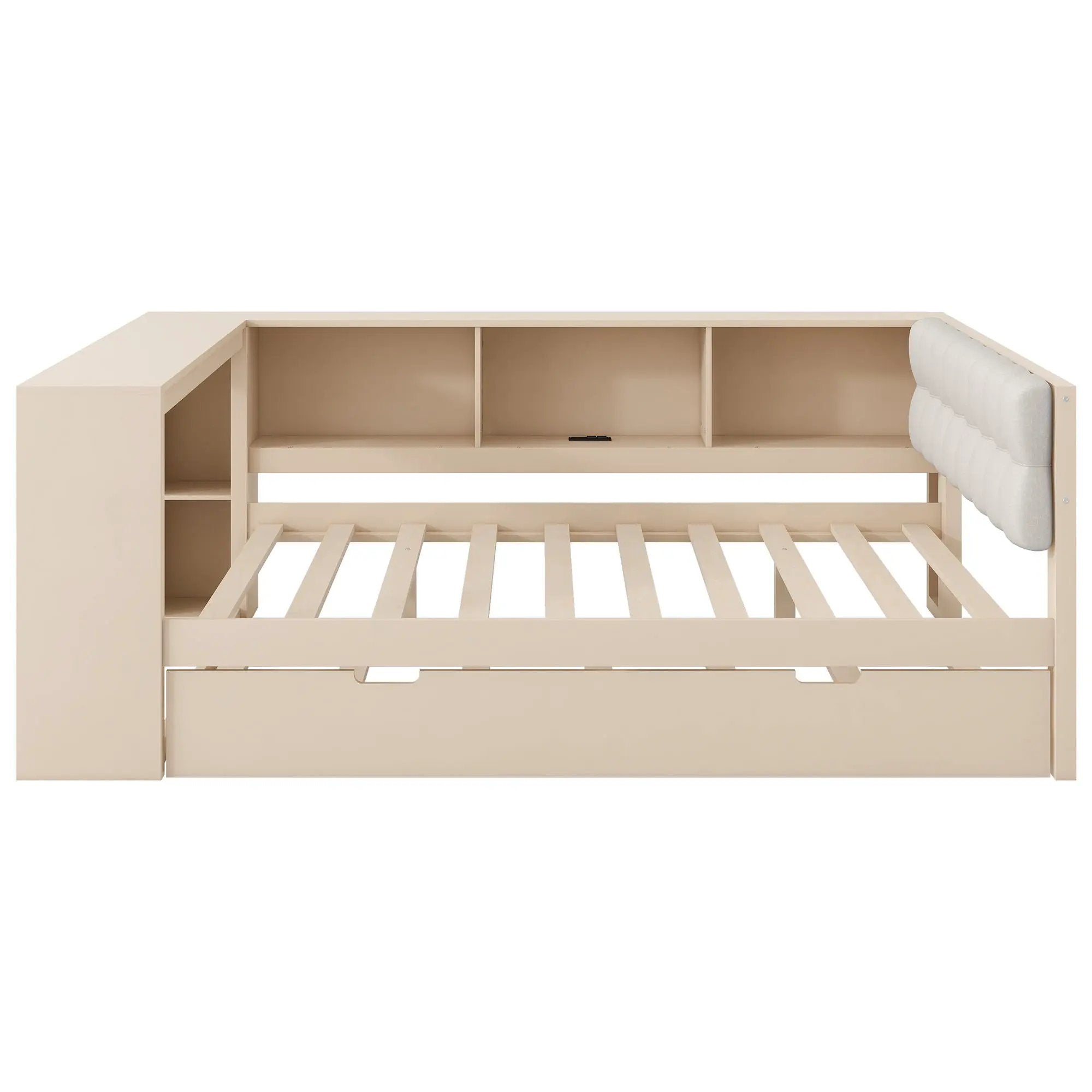 Upholstered Headboard Platform Bed with Storage Shelves, Trundle, and Charging Station by HouseOfZazla