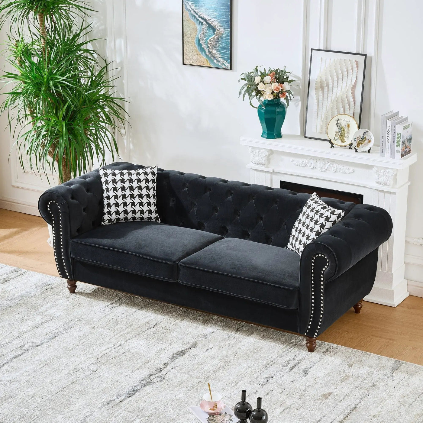 Chesterfield Upholstery Fabric Sofa With Roll Armrest & Nailhead, Mid Century Modern 3 And 3 Seater Couch by Unique Piece Furniture