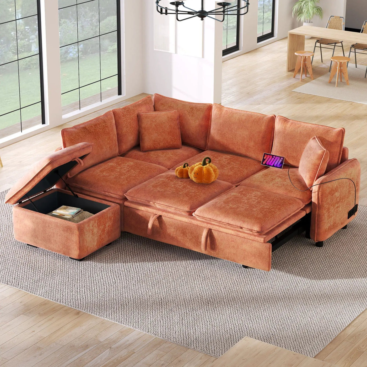 Convertible Sofa Bed Sectional Sofa Sleeper L-Shaped Sofa With A Storage Ottoman, Two Pillows, Two Power Sockets And Two USB Ports For Living Room by Unique Piece Furniture