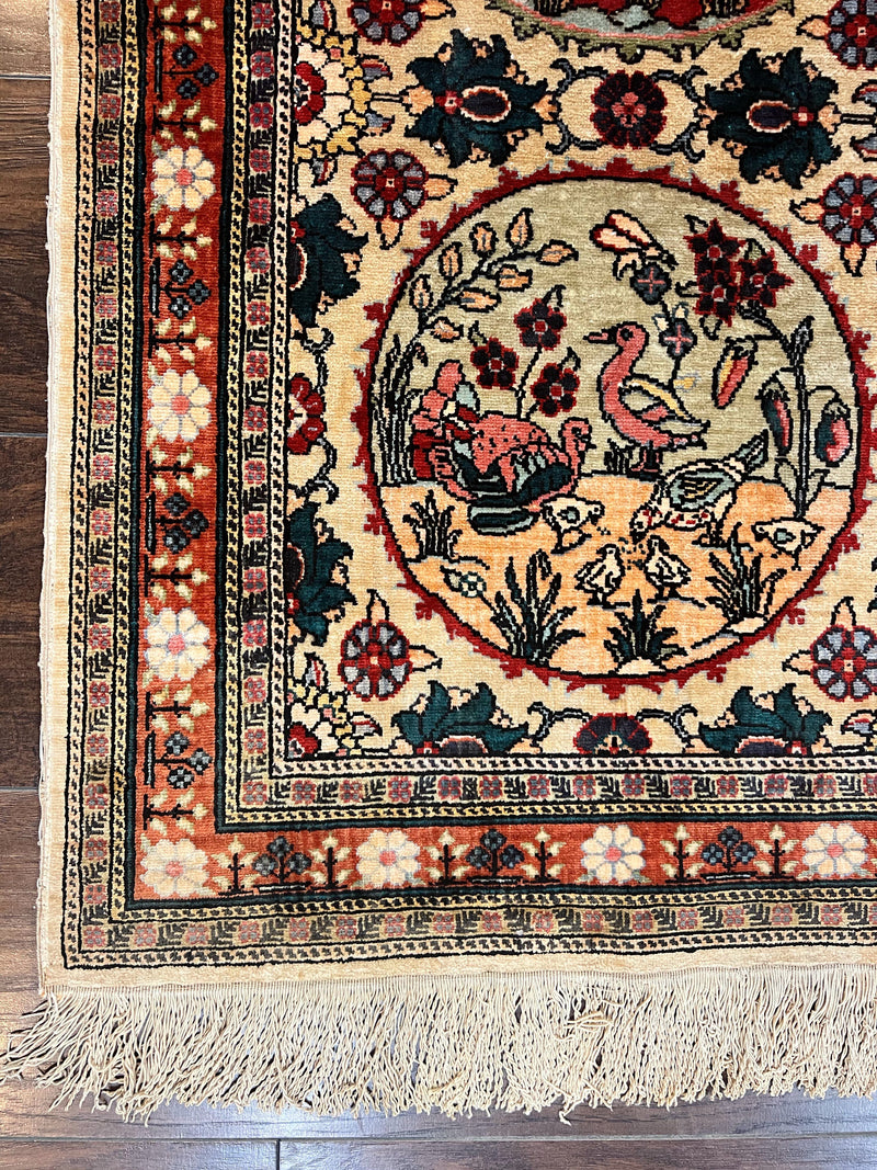 Silk Turkish Rug 2x4, Fine Handmade Oriental Rug, Animal Pictorial Birds Silk Pile on Silk Foundation Vintage Hand Knotted Hereke Carpet by Jewel Rugs
